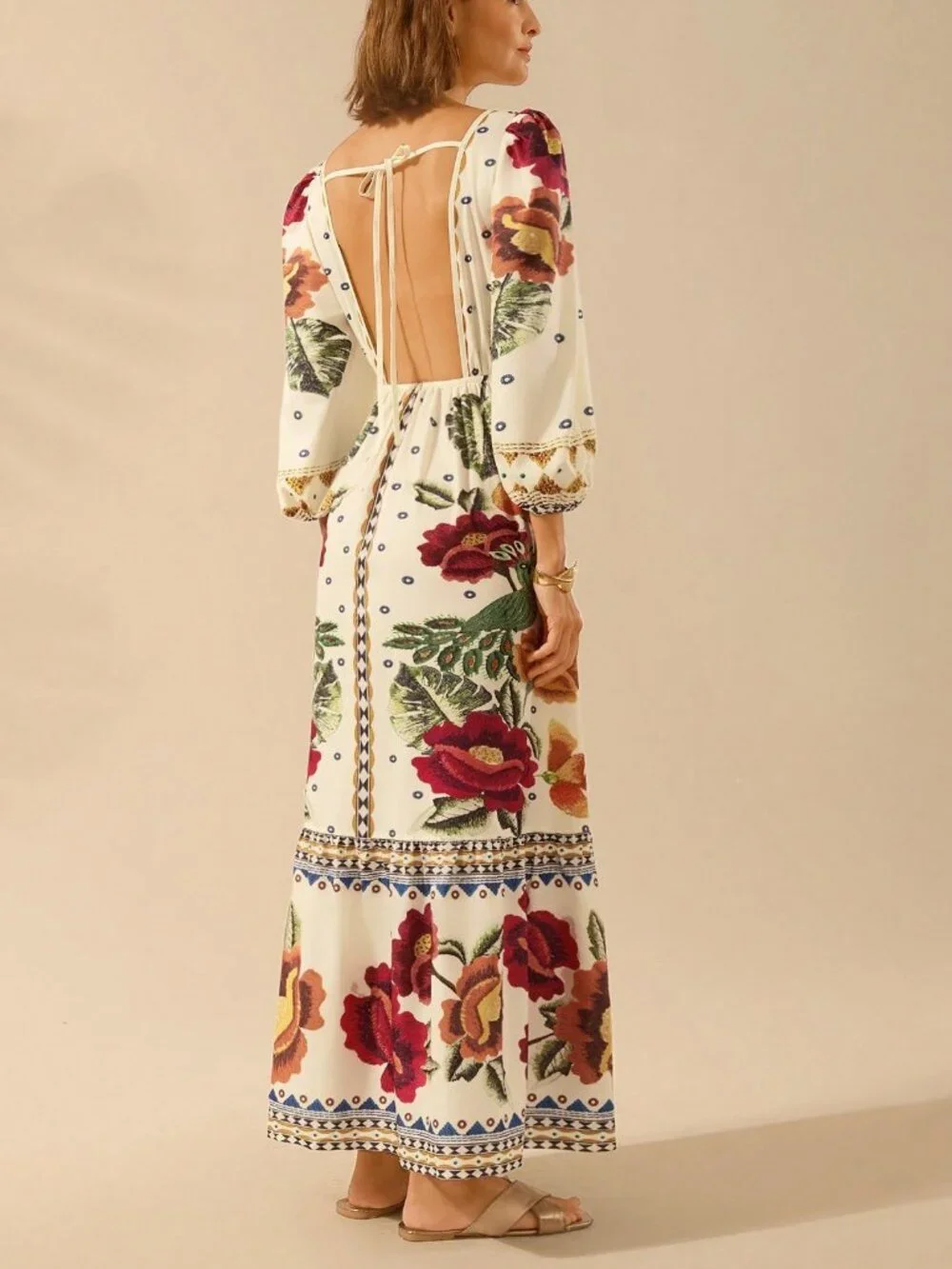 Multicolor Boho Women's Floral Print V-Neck Long Sleeve Hollow Back Dress - Picture 2 of 7